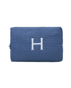 Women's Large Personalized Cotton Waffle Makeup Bag- Navy Blue