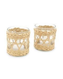 Woven Straw & Glass Votive Candle Holder - Natural - Set Of 2