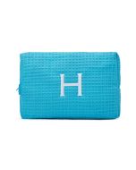 Women's Large Personalized Cotton Waffle Makeup Bag- Turquoise Blue